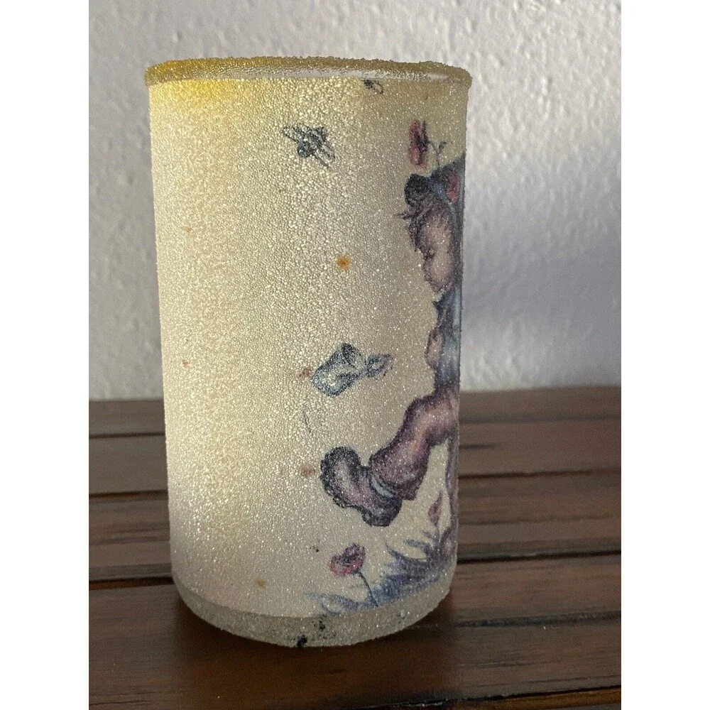 Vintage Sugar Frosted Pillar Candle Hummel GERMAN BOY FLOWER BASKET CAN 5” Glass